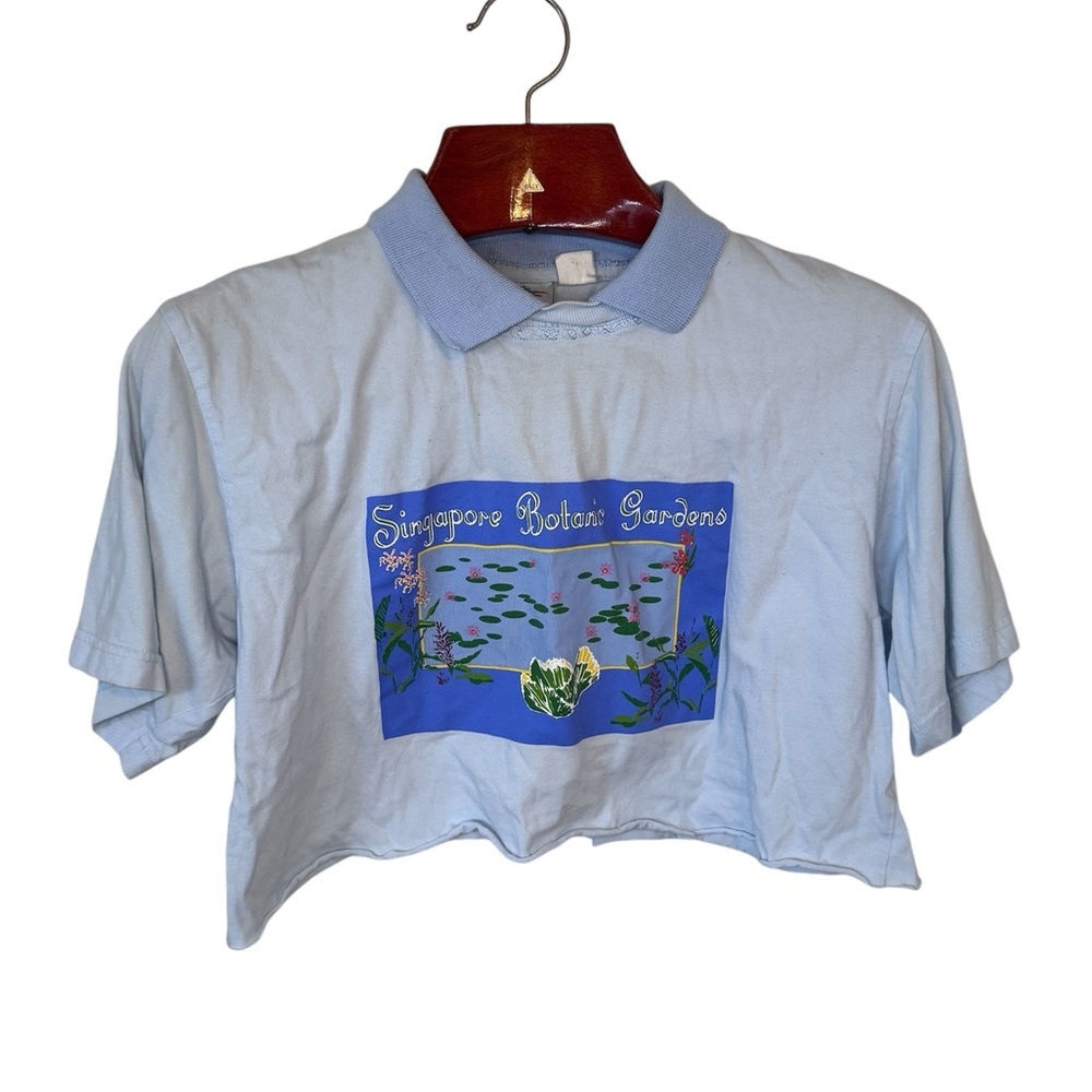 VTG Singapore Botanic Gardens Crop Top Shirt Collared Baby Blue Y2K